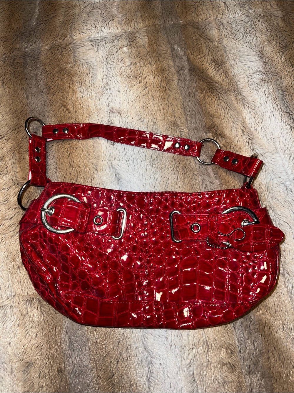 Patent Croc-Embossed Red Shoulder Clutch with Silver Hardware